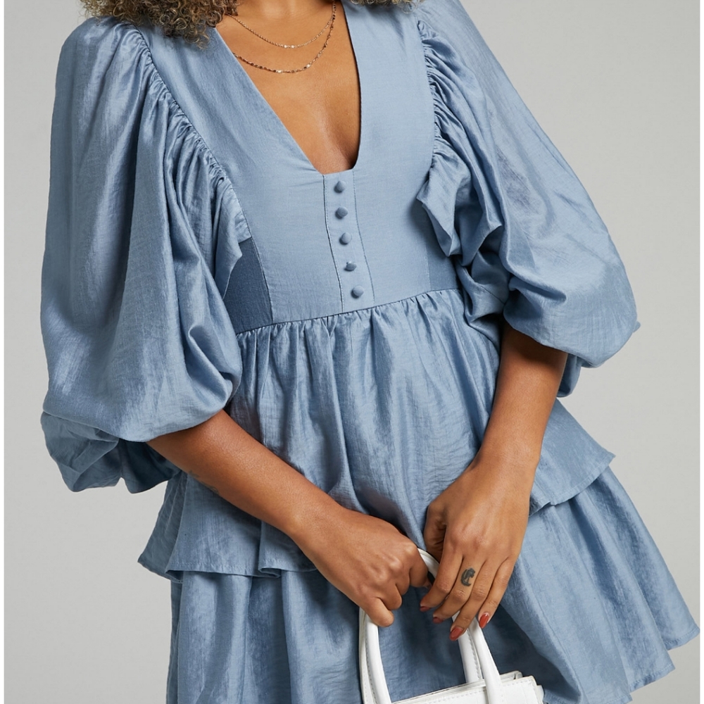 Showpo Constance Wide Sleeve Mini Party Dress Dusty Blue Size 2 - Picture 2 of 11